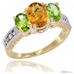 14k Yellow Gold Ladies Oval Natural Whisky Quartz 3-Stone Ring with Peridot Sides Diamond Accent