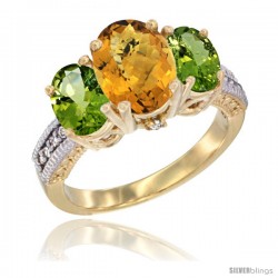 14K Yellow Gold Ladies 3-Stone Oval Natural Whisky Quartz Ring with Peridot Sides Diamond Accent