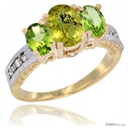 14k Yellow Gold Ladies Oval Natural Lemon Quartz 3-Stone Ring with Peridot Sides Diamond Accent