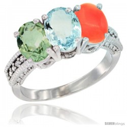 10K White Gold Natural Green Amethyst, Aquamarine & Coral Ring 3-Stone Oval 7x5 mm Diamond Accent