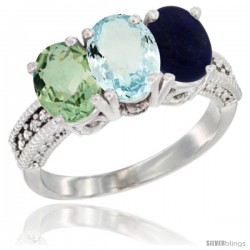 10K White Gold Natural Green Amethyst, Aquamarine & Lapis Ring 3-Stone Oval 7x5 mm Diamond Accent