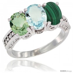 10K White Gold Natural Green Amethyst, Aquamarine & Malachite Ring 3-Stone Oval 7x5 mm Diamond Accent