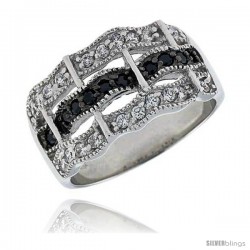 Sterling Silver & Rhodium Plated Wavy Band, w/ Tiny High Quality CZ's (20 White, 10 Black), 1/2" (12 mm) wide