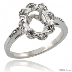 10k White Gold Semi-Mount ( 9x7 mm ) Floral Oval Stone Ring w/ 0.107 Carat Brilliant Cut Diamonds, 1/2 in. (13mm) wide