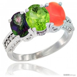 10K White Gold Natural Mystic Topaz, Peridot & Coral Ring 3-Stone Oval 7x5 mm Diamond Accent