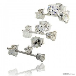 3-Pair Set Sterling Silver Brilliant Cut Cubic Zirconia Stud Earrings 2, 3 and 4mm