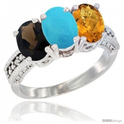 10K White Gold Natural Smoky Topaz, Turquoise & Whisky Quartz Ring 3-Stone Oval 7x5 mm Diamond Accent