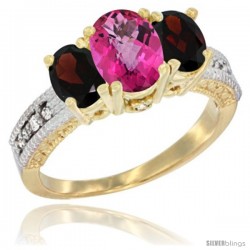 10K Yellow Gold Ladies Oval Natural Pink Topaz 3-Stone Ring with Garnet Sides Diamond Accent