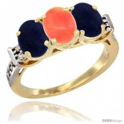 10K Yellow Gold Natural Coral & Lapis Sides Ring 3-Stone Oval 7x5 mm Diamond Accent