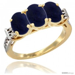 10K Yellow Gold Natural Lapis Ring 3-Stone Oval 7x5 mm Diamond Accent