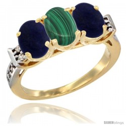 10K Yellow Gold Natural Malachite & Lapis Sides Ring 3-Stone Oval 7x5 mm Diamond Accent