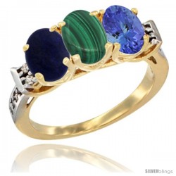 10K Yellow Gold Natural Lapis, Malachite & Tanzanite Ring 3-Stone Oval 7x5 mm Diamond Accent