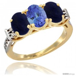 10K Yellow Gold Natural Tanzanite & Lapis Sides Ring 3-Stone Oval 7x5 mm Diamond Accent