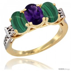 10K Yellow Gold Natural Amethyst & Malachite Sides Ring 3-Stone Oval 7x5 mm Diamond Accent