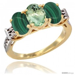 10K Yellow Gold Natural Green Amethyst & Malachite Sides Ring 3-Stone Oval 7x5 mm Diamond Accent