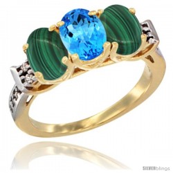 10K Yellow Gold Natural Swiss Blue Topaz & Malachite Sides Ring 3-Stone Oval 7x5 mm Diamond Accent