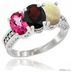 14K White Gold Natural Pink Topaz, Garnet & Opal Ring 3-Stone 7x5 mm Oval Diamond Accent