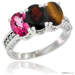 14K White Gold Natural Pink Topaz, Garnet & Tiger Eye Ring 3-Stone 7x5 mm Oval Diamond Accent