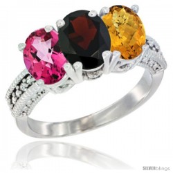 14K White Gold Natural Pink Topaz, Garnet & Whisky Quartz Ring 3-Stone 7x5 mm Oval Diamond Accent