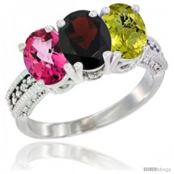 14K White Gold Natural Pink Topaz, Garnet & Lemon Quartz Ring 3-Stone 7x5 mm Oval Diamond Accent