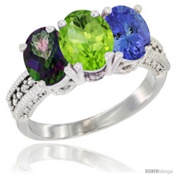 10K White Gold Natural Mystic Topaz, Peridot & Tanzanite Ring 3-Stone Oval 7x5 mm Diamond Accent