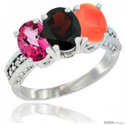 14K White Gold Natural Pink Topaz, Garnet & Coral Ring 3-Stone 7x5 mm Oval Diamond Accent