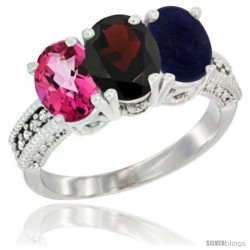 14K White Gold Natural Pink Topaz, Garnet & Lapis Ring 3-Stone 7x5 mm Oval Diamond Accent