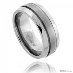 Titanium 8mm Dome Wedding Band Ring Matte Stripe Center Beveled Edges Comfort-fit