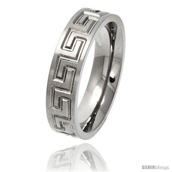 Titanium Wedding Band Greek Key Ring Flat Comfort Fit 6mm 