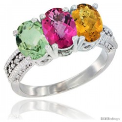 14K White Gold Natural Green Amethyst, Pink Topaz & Whisky Quartz Ring 3-Stone 7x5 mm Oval Diamond Accent