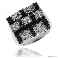 Sterling Silver Square Ring, Rhodium Plated w/ 2mm Black & White CZ's, 11/16" (18 mm) wide