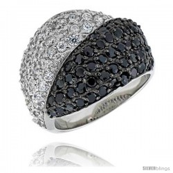 Sterling Silver Dome Ring, & Rhodium Plated w/ 2mm High Quality Black & White CZ's, 3/4" (19 mm) wide