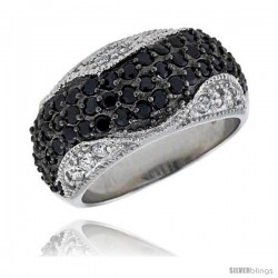 Sterling Silver & Rhodium Plated Dome Ring, w/ 2mm High Quality CZ's (15 White, 52 Black), 7/16" (11 mm) wide