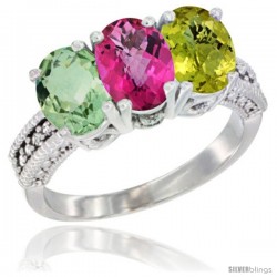 14K White Gold Natural Green Amethyst, Pink Topaz & Lemon Quartz Ring 3-Stone 7x5 mm Oval Diamond Accent