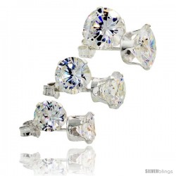 3-Pair Set Sterling Silver Brilliant Cut Cubic Zirconia Stud Earrings 6, 7 and 8mm