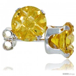 Sterling Silver Cubic Zirconia Stud Earrings Citrine Yellow Color Invisible Cut 2.5 cttw