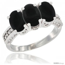 14K White Gold Natural Black Onyx Ring 3-Stone 7x5 mm Oval Diamond Accent