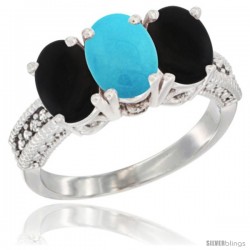 14K White Gold Natural Turquoise & Black Onyx Sides Ring 3-Stone 7x5 mm Oval Diamond Accent