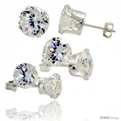 3-Pair Set Sterling Silver Brilliant Cut Cubic Zirconia Stud Earrings 7, 8 and 9mm