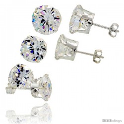 3-Pair Set Sterling Silver Brilliant Cut Cubic Zirconia Stud Earrings 8, 9 and 10mm