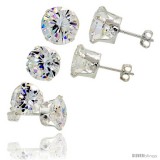 3-Pair Set Sterling Silver Brilliant Cut Cubic Zirconia Stud Earrings 8, 9 and 10mm