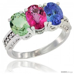 14K White Gold Natural Green Amethyst, Pink Topaz & Tanzanite Ring 3-Stone 7x5 mm Oval Diamond Accent