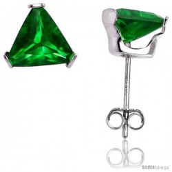 Sterling Silver Cubic Zirconia Stud Earrings 7 mm Triangle Shape Emerald Green