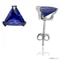 Sterling Silver Cubic Zirconia Stud Earrings 7 mm Triangle Shape Sapphire Blue