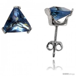 Sterling Silver Cubic Zirconia Stud Earrings 7 mm Triangle Shape Blue Topaz Colored 2 1/4 cttw