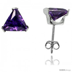 Sterling Silver Cubic Zirconia Stud Earrings 7 mm Triangle Shape Amethyst Colored 2 1/4 cttw