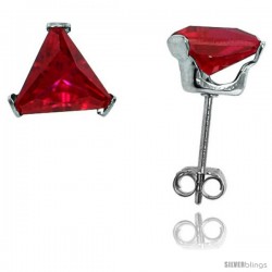 Sterling Silver Cubic Zirconia Stud Earrings 7 mm Triangle Shape Ruby Red Colored 2 1/4 cttw