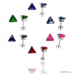 6 pair set Sterling Silver Cubic Zirconia Stud Earrings 7 mm Triangle Shape Emerald, Blue Sapphire, Blue Topaz, Amethyst, Ruby