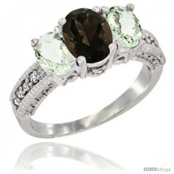 14k White Gold Ladies Oval Natural Smoky Topaz 3-Stone Ring with Green Amethyst Sides Diamond Accent