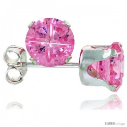 Sterling Silver Cubic Zirconia Stud Earrings Pink Zircon Color Invisible Cut 2 cttw